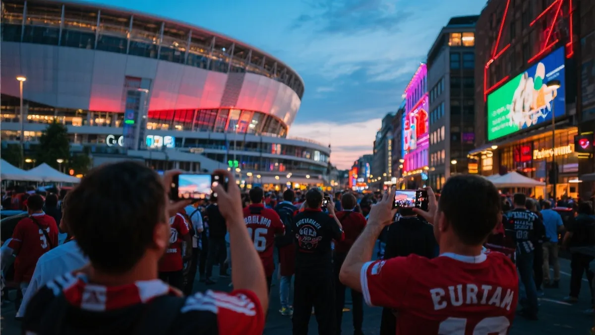 球迷在城市街区与球场周边打卡拍照，夜色与霓虹氛围