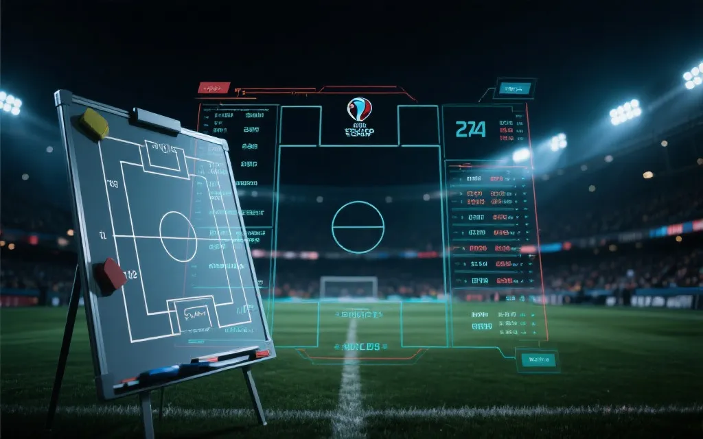 淘汰赛夜晚球场氛围，战术板与数据叠加的视觉