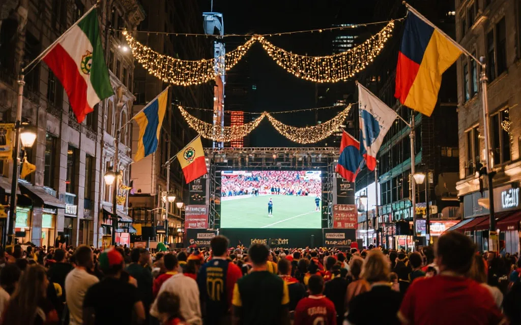 世界杯决赛周城市街区的球迷人潮与公共观赛大屏氛围