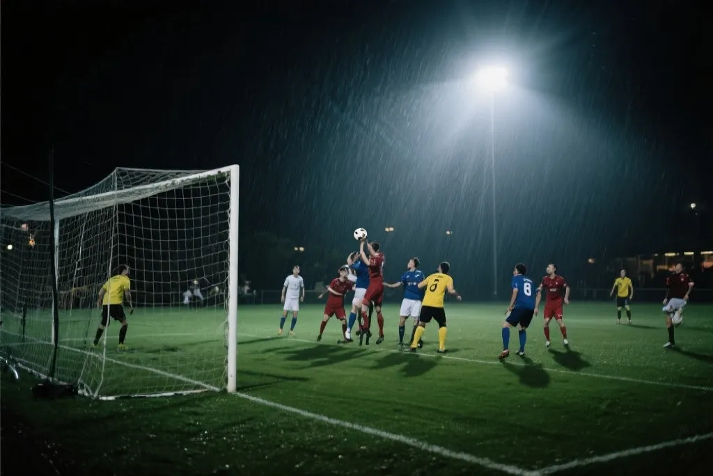 夜间球场在降雨与强风下的比赛氛围，球员拼抢与定位球场景
